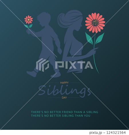 Happy Siblings Day Vector Illustration with Brother and Sister Silhouette Holding Flowers 124321564