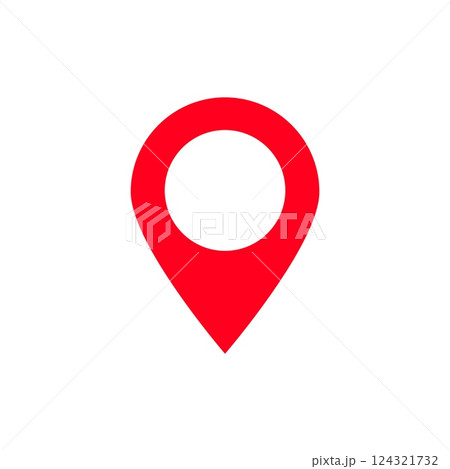 Bright red location pin icon for maps and navigation on digital devices and applications 124321732