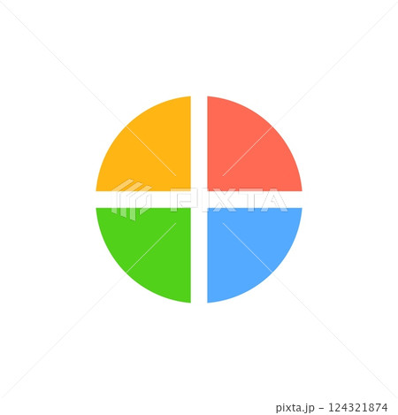 Colorful circular graphic with four distinct quadrants in various bright primary hues 124321874