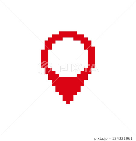 Red pixel art location pin icon in simple digital design on a minimalist white canvas Red pixel art location pin icon in simple digital design on a minimalist white canvas 124321961