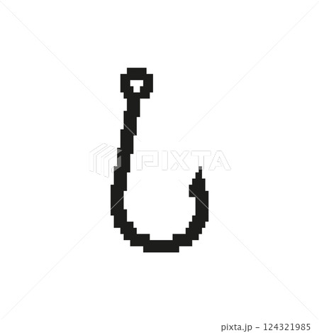 Detailed pixel art of a fish hook design with sharp curved point and simple pixel structure 124321985