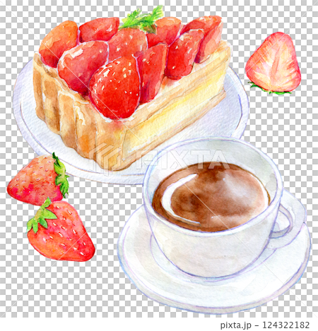 水彩イラスト いちごタルトのセットメニュー 水彩イラスト いちごタルトのセットメニュー 124322182