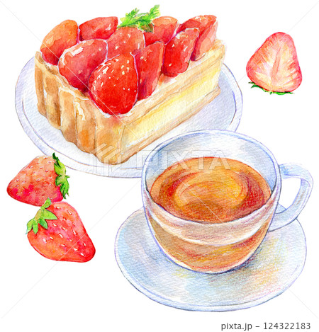 水彩イラスト いちごタルトのセットメニュー 水彩イラスト いちごタルトのセットメニュー 124322183