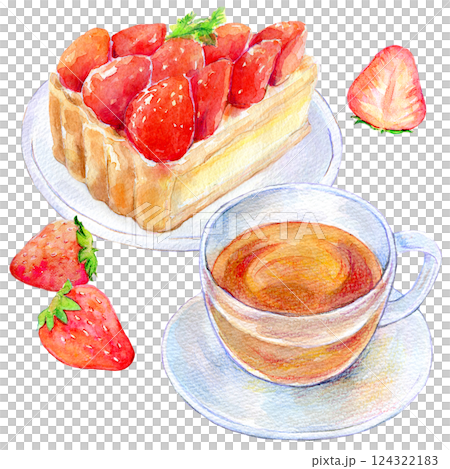 水彩イラスト いちごタルトのセットメニュー 水彩イラスト いちごタルトのセットメニュー 124322183