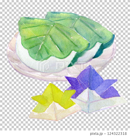 水彩イラスト　柏餅と折り紙の兜　5月のイメージ 124322318