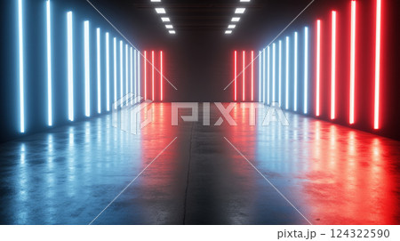 Futuristic corridor with neon lights reflection 124322590