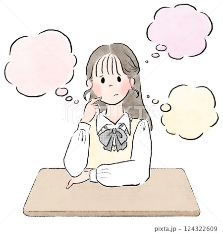 教室で考え事をしている女子生徒と吹き出し 教室で考え事をしている女子生徒と吹き出し 124322609