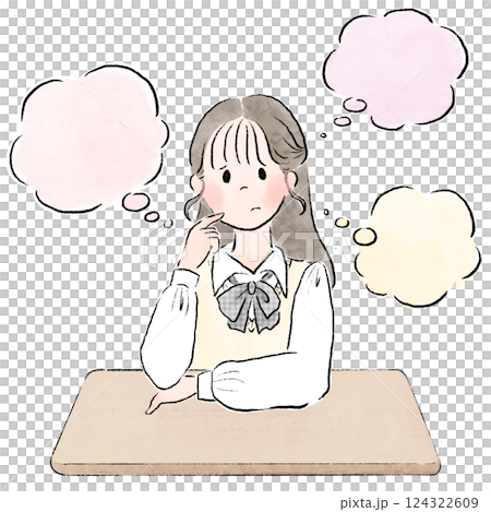 教室で考え事をしている女子生徒と吹き出し 教室で考え事をしている女子生徒と吹き出し 124322609