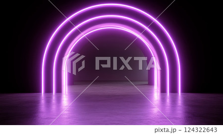 Neon arches glow in dark futuristic space 124322643
