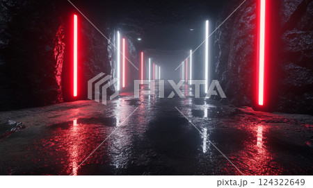 Futuristic tunnel with neon red and white lights 124322649