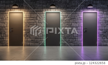 Three doors with neon lights on stone wall Three doors with neon lights on stone wall 124322658