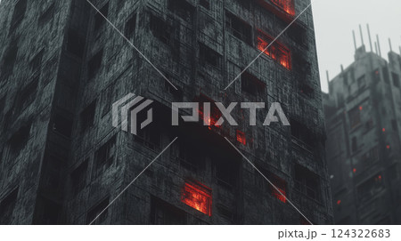 Dark urban building with glowing red windows 124322683