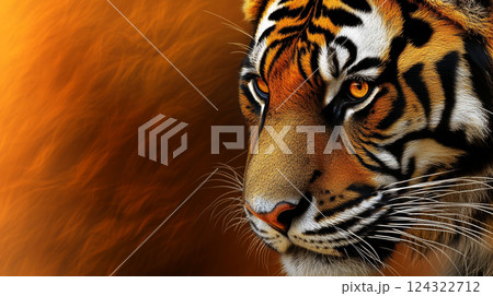 Tiger with intense gaze on fiery background Tiger with intense gaze on fiery background 124322712