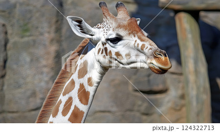Giraffe with serene expression in zoo setting Giraffe with serene expression in zoo setting 124322713