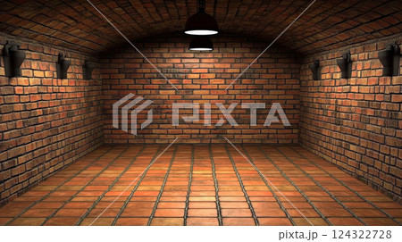 Brick walled room with warm lighting and tiled floor 124322728