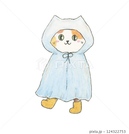 水彩で描いたかっぱを着る猫イラスト 水彩で描いたかっぱを着る猫イラスト 124322753