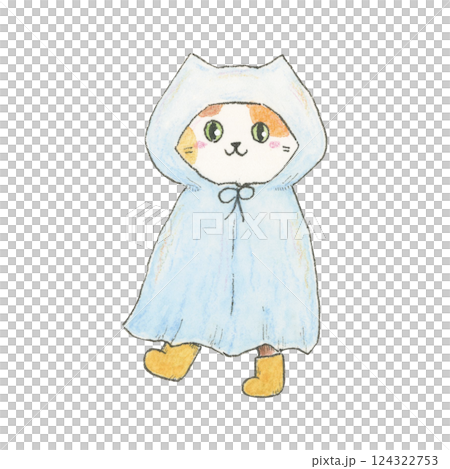 水彩で描いたかっぱを着る猫イラスト 水彩で描いたかっぱを着る猫イラスト 124322753