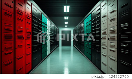corridor with colorful filing cabinets and fluorescent lights 124322790