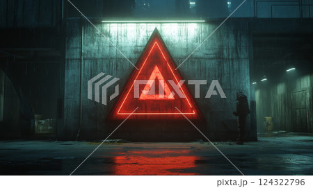 Futuristic scene with neon triangle on concrete wall Futuristic scene with neon triangle on concrete wall 124322796