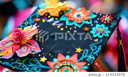 A close-up of a decorated graduation cap with an inspiring design like the best is yet to come, surrounded by colorful elements. A close-up of a decorated graduation cap with an inspiring design like the best is yet to come, surrounded by colorful elements. 124323079