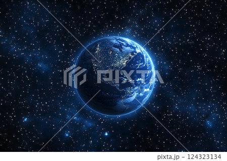 宇宙空間に浮かぶ地球。北米大陸を中心とした美しい地球の夜景 124323134