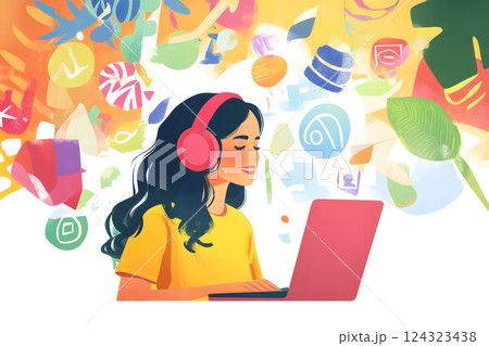 ヘッドホンをつけてパソコンを使う若い女性のカラフルなイラスト 124323438