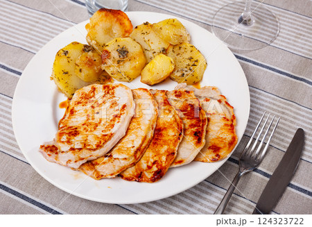 Grilled pork loin chops with boiled potato 124323722
