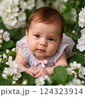 お花畑で寝転ぶ女の子のハーフの赤ちゃん 124323914