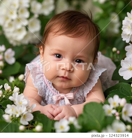 お花畑で寝転ぶ女の子のハーフの赤ちゃん お花畑で寝転ぶ女の子のハーフの赤ちゃん 124323914