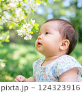 お花に話しかけるハーフの女の子の赤ちゃん 124323916