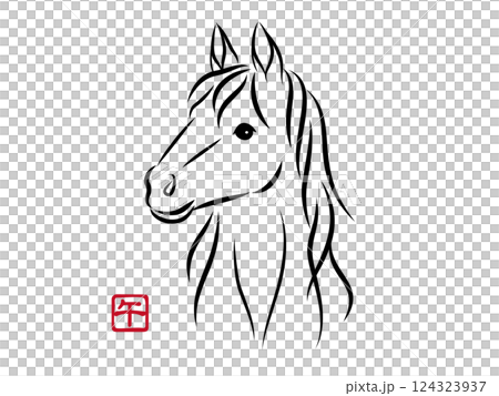 Illustration of a beautiful white horse's face with gentle eyes. Stylish New Year's card material for the Year of the Horse in a sumi-e style. Vector 124323937