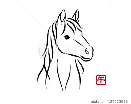 	優しい目をした美しい白馬の顔のイラスト 墨絵風でお洒落な午年の年賀状素材 ベクター　124323938