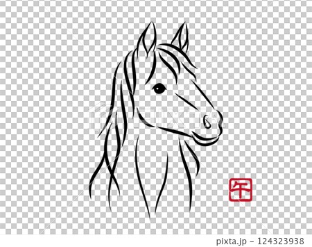 Illustration of a beautiful white horse's face with gentle eyes. Stylish New Year's card material for the Year of the Horse in a sumi-e style. Vector 124323938