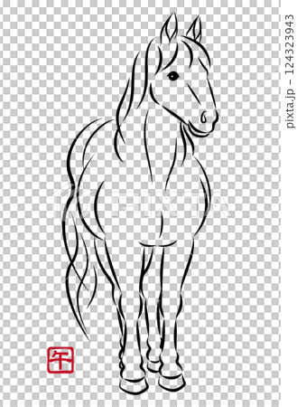 Beautiful illustration of a standing white horse. Stylish New Year's card material for the Year of the Horse in a sumi-e style. Vector Beautiful illustration of a standing white horse. Stylish New Year's card material for the Year of the Horse in a sumi-e style. Vector 124323943