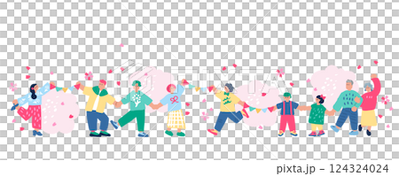 流行且色彩鮮豔的手繪插畫，描繪了人們享受春天的場景 124324024