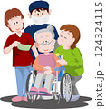 車椅子のおばあさんに口腔ケアを促す人たち 124324115