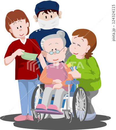 車椅子のおばあさんに口腔ケアを促す人たち 124324115