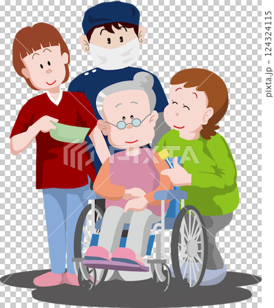 車椅子のおばあさんに口腔ケアを促す人たち 124324115