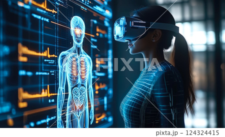 A body X-ray displayed with a hologram. The concept of advanced medical imaging, futuristic healthcare technology, and precision diagnostics. Generative AI. 124324415