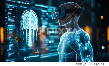 A body X-ray displayed with a hologram. The concept of advanced medical imaging, futuristic healthcare technology, and precision diagnostics. Generative AI. 124324416