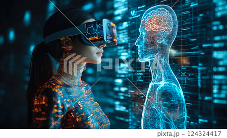 A body X-ray displayed with a hologram. The concept of advanced medical imaging, futuristic healthcare technology, and precision diagnostics. Generative AI. 124324417