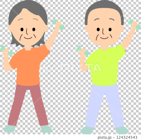 ダンベルで体操する男女のシニア 124324543