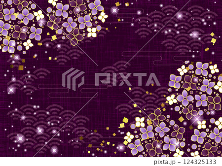 螺鈿風あじさい、和風、背景、紫、横、イラスト、梅雨 螺鈿風あじさい、和風、背景、紫、横、イラスト、梅雨 124325133