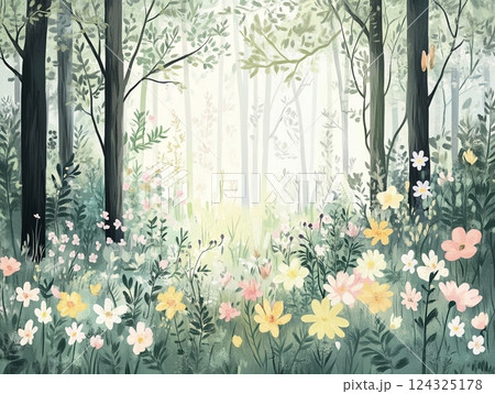 森のカラフルな花のイラスト 124325178