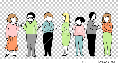 Colored line drawing illustration of various people discussing and asking questions 124325198