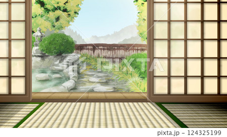 和室から和風の庭が見えるイラスト 124325199