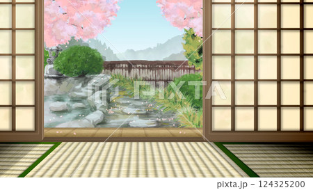 和室から桜が咲く和風の庭が見えるイラスト 和室から桜が咲く和風の庭が見えるイラスト 124325200