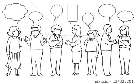 いろいろな人々が話し合っている線画イラスト　吹き出し付き 124325201