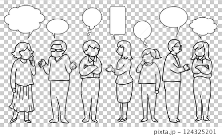 いろいろな人々が話し合っている線画イラスト　吹き出し付き 124325201