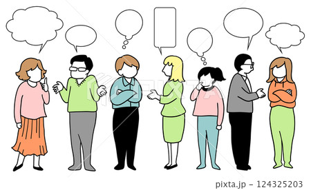 いろいろな人々が話し合っている線画イラスト 吹き出し付き いろいろな人々が話し合っている線画イラスト 吹き出し付き 124325203